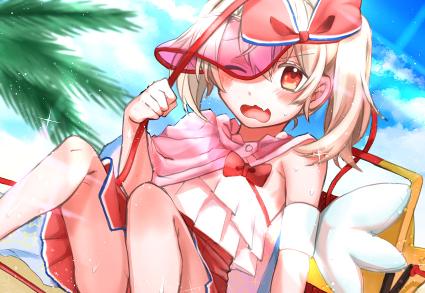 1girl absurdres armpits bangs bare_shoulders blonde_hair blush bow cape clouds eyebrows_visible_through_hair fang fate/grand_order fate/kaleid_liner_prisma_illya fate_(series) flat_chest green_eyes hair_between_eyes hair_bow hand_up highres holding hose hose_reel huge_filesize illyasviel_von_einzbern illyasviel_von_einzbern_(swimsuit_archer)_(fate) inflatable_armbands looking_at_viewer magical_ruby medium_hair one_eye_closed open_mouth outdoors pink_cape red_bow red_skirt shirt sidelocks sitting skin_fang skirt sky sleeveless solo star_(symbol) star_print swimsuit thighs tree_branch tsukushi_haru visor_cap water water_drop white_shirt