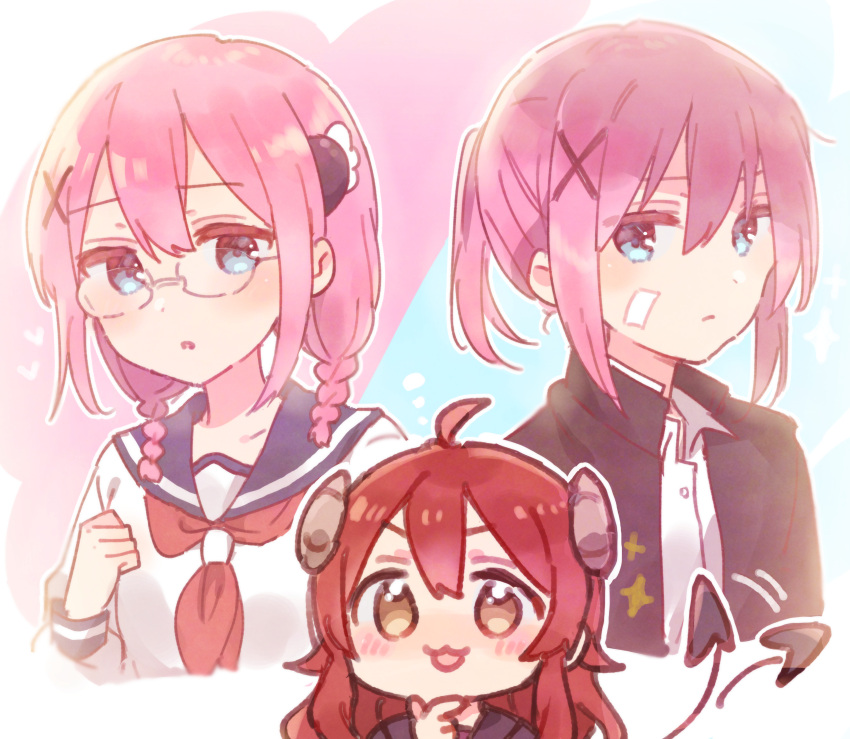 3girls :3 :d absurdres afterimage ahoge bangs bespectacled black_jacket blue_sailor_collar blush braid brown_eyes brown_hair chiyoda_momo commentary_request curled_horns demon_girl demon_horns demon_tail eyebrows_visible_through_hair gakuran glasses hair_between_eyes hair_ornament highres horns jacket long_hair long_sleeves machikado_mazoku multiple_girls neckerchief open_clothes open_jacket open_mouth ponytail red_neckwear sailor_collar school_uniform serafuku shirt sidelocks smile sorimachi-doufu sparkle tail tail_wagging thinking twin_braids upper_body v-shaped_eyebrows white_shirt x_hair_ornament yoshida_yuuko_(machikado_mazoku)