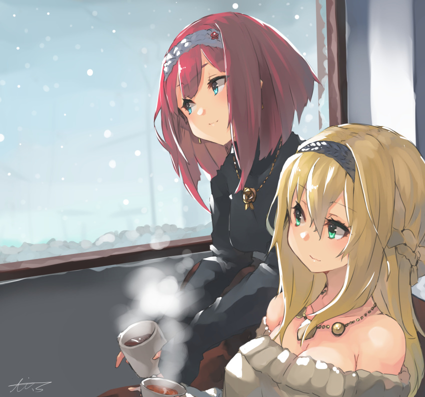 2girls alternate_costume ark_royal_(kantai_collection) black_tea blonde_hair blue_eyes blush braid closed_mouth collarbone cup dress eyebrows_visible_through_hair french_braid green_eyes hair_between_eyes hairband highres holding holding_cup jewelry kantai_collection long_hair long_sleeves multiple_girls necklace off-shoulder_dress off_shoulder redhead short_hair signature smile snowing sunday_aki tea tiara warspite_(kantai_collection) white_dress