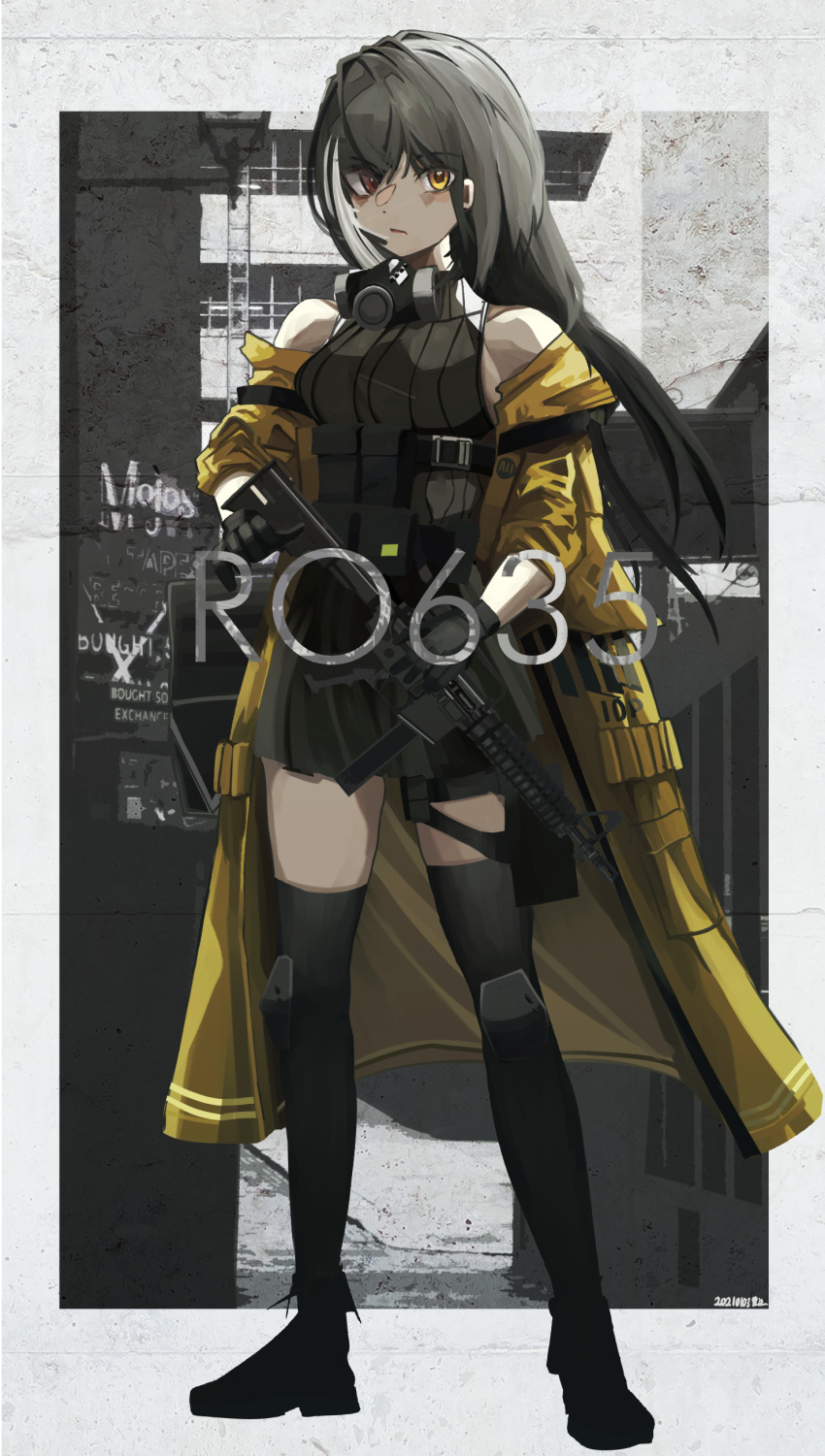 1girl absurdres bag black_footwear black_gloves black_hair black_legwear breasts building character_name charm_(object) closed_mouth dated eyebrows_visible_through_hair full_body gas_mask girls_frontline gloves gun headset heterochromia highres holding holding_gun holding_weapon jacket kanoe_(kanoe502) knee_pads lanyard long_hair magazine_(weapon) mask mask_around_neck mod3_(girls_frontline) mouth_mask multicolored_hair off_shoulder official_alternate_costume outdoors pouch red_eyes ro635 ro635_(girls_frontline) skirt sleeveless solo standing streaked_hair submachine_gun thigh-highs thigh_strap weapon white_hair yellow_eyes yellow_jacket
