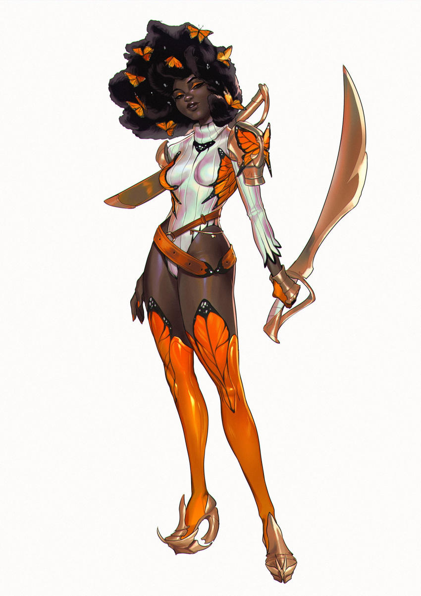 1girl absurdres big_hair breasts breasts_apart bug butterfly dark_skin dark-skinned_female full_body high_heels highres holding holding_sword holding_weapon impossible_clothes impossible_leotard insect leotard medium_breasts monarch_butterfly orange_butterfly orange_legwear original oskar_vega simple_background solo standing sword thigh-highs weapon white_background white_leotard