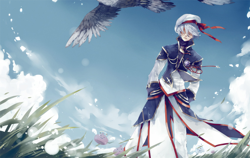 1boy alternate_color angel_wings angeling arms_behind_back bangs bird blue_jacket blue_sky brooch closed_mouth clouds cross cross_necklace day facing_viewer feathers full_body ghostring grass halo hat hat_ribbon high_priest_(ragnarok_online) jacket jewelry long_sleeves male_focus necklace no_eyes outdoors pants poring ragnarok_online red_ribbon ribbon sailor_hat sairin shirt short_hair sky slime_(creature) solo_focus standing white_hair white_headwear white_pants white_shirt wings