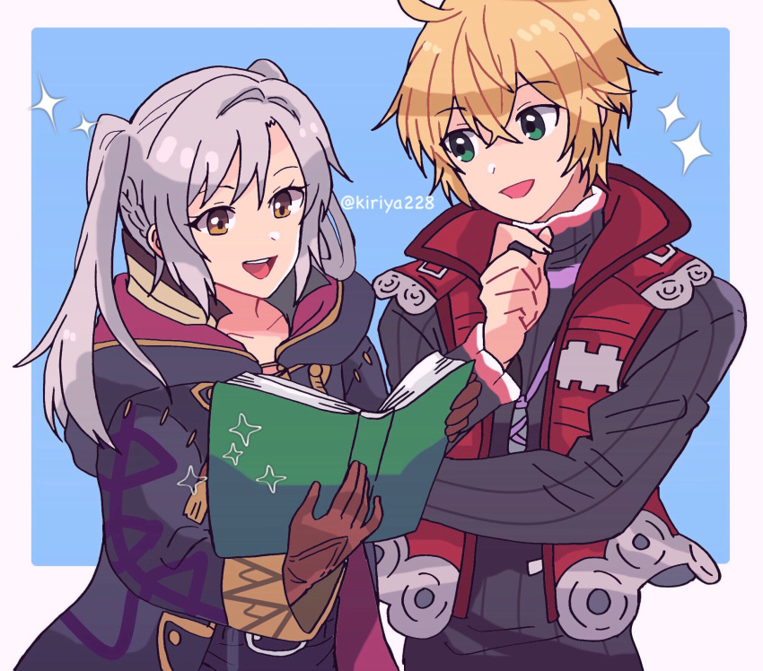 1boy 1girl blonde_hair blue_eyes book cape fire_emblem fire_emblem_awakening gloves highres jacket kiriya_(552260) long_hair manakete open_mouth robe robin_(fire_emblem) robin_(fire_emblem)_(female) short_hair shulk_(xenoblade) simple_background smile super_smash_bros. twintails white_hair xenoblade_chronicles xenoblade_chronicles:_future_connected xenoblade_chronicles_(series) yellow_eyes