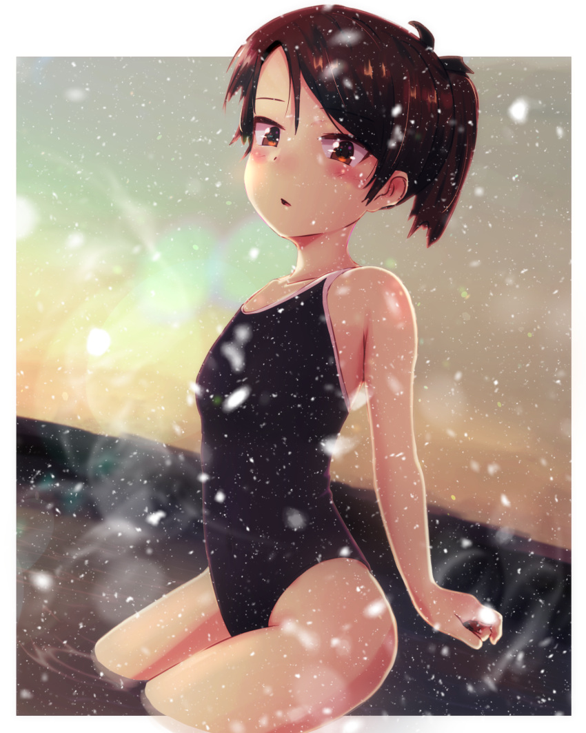 1girl bare_arms bare_shoulders black_swimsuit blush brown_eyes brown_hair collarbone highres kantai_collection one-piece_swimsuit onsen parted_lips partially_submerged ponytail shiki_no_miko shikinami_(kantai_collection) short_hair snowing solo swimsuit