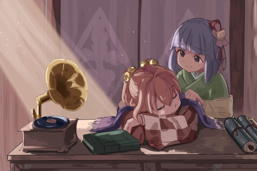 2girls 5alive bangs blunt_bangs book closed_eyes closed_mouth commentary_request desk dust_particles eyebrows_visible_through_hair flower green_robe hair_bobbles hair_flower hair_intakes hair_ornament head_rest hieda_no_akyuu highres indoors light_rays looking_at_another motoori_kosuzu multiple_girls phonograph pink_flower purple_hair purple_scarf scarf scroll shawl short_hair sleeping smile touhou two_side_up upper_body violet_eyes wall