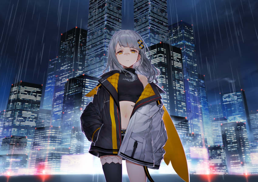1girl bandaid bandaid_on_nose bare_shoulders black_legwear black_shirt black_shorts building city city_lights cityscape cowboy_shot crop_top grey_hair hachi_(live_union) hair_ornament hand_in_pocket highres honeycomb_(pattern) izumi_sai jacket live_union long_hair long_sleeves looking_at_viewer midriff mole mole_under_eye navel night off_shoulder open_clothes open_jacket orange_eyes outdoors parted_lips puffy_sleeves rain shirt short_shorts shorts single_thighhigh skyscraper sleeveless sleeveless_shirt solo standing stomach tattoo thigh-highs thighs two-tone_jacket virtual_youtuber