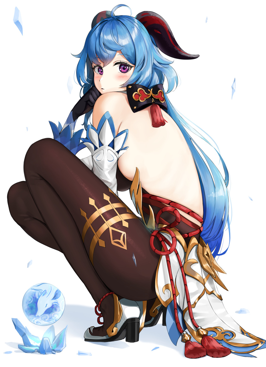 1girl absurdres ahoge bangs bare_back bare_shoulders black_gloves black_legwear blue_hair blush bodysuit bow cyan_328 detached_sleeves from_side ganyu_(genshin_impact) genshin_impact gloves goat_horns hair_bow high_heels highres horns long_hair looking_at_viewer simple_background sitting solo violet_eyes waist_cape white_background