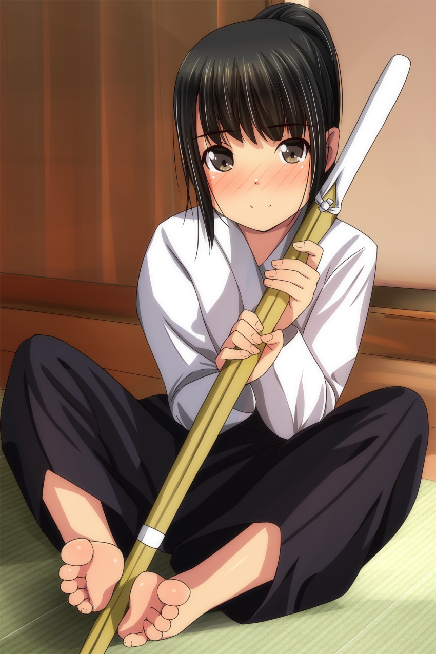 1girl absurdres bangs barefoot black_hair black_pants blush brown_eyes closed_mouth eyebrows_visible_through_hair highres holding holding_weapon indoors japanese_clothes kimono looking_at_viewer matsunaga_kouyou nose_blush on_floor original pants ponytail shinai sitting smile soles solo sword tatami weapon white_kimono