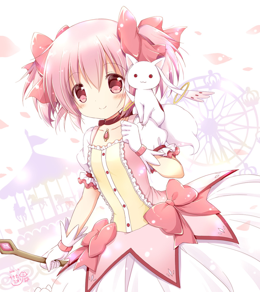1girl bangs blush bow carousel closed_mouth commentary_request eyebrows_visible_through_hair ferris_wheel gloves hair_between_eyes hair_bow highres holding kaname_madoka kyubey looking_at_viewer magical_girl mahou_shoujo_madoka_magica nanase_miori on_shoulder pink_hair pleated_skirt puffy_short_sleeves puffy_sleeves red_bow red_eyes short_sleeves skirt smile twintails white_gloves white_skirt