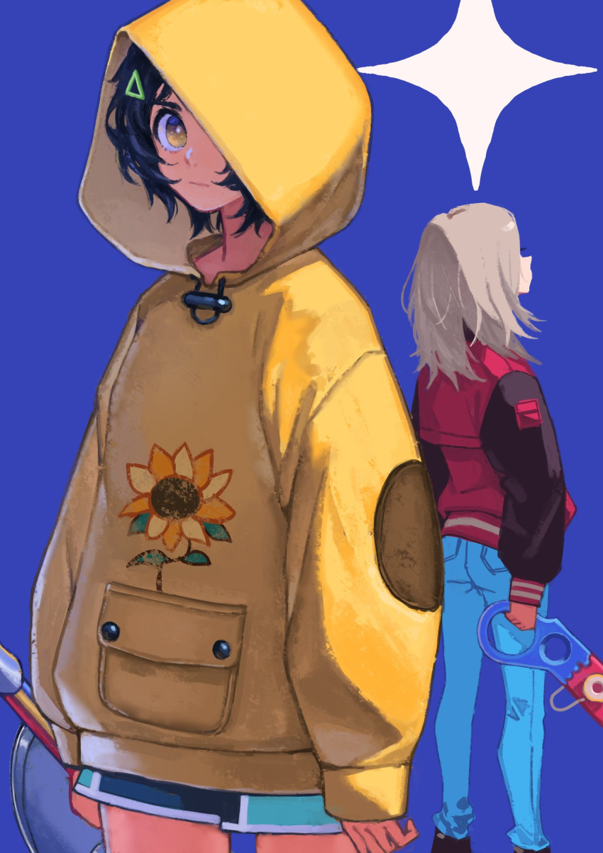 2girls back back-to-back blue_background blue_pants blue_shorts commentary cowboy_shot dark_blue_hair denim eyelashes floral_print from_behind highres holding holding_weapon hood hood_up hoodie jacket jeans kawai_rika letterman_jacket light_brown_hair long_hair long_sleeves looking_at_viewer multiple_girls one_eye_covered ooto_ai pants short_hair shorts simple_background sleeves_past_wrists striped_jacket sunflower_print triangle_hair_ornament two-tone_jacket weapon window1228 wonder_egg_priority yellow_eyes yellow_hoodie