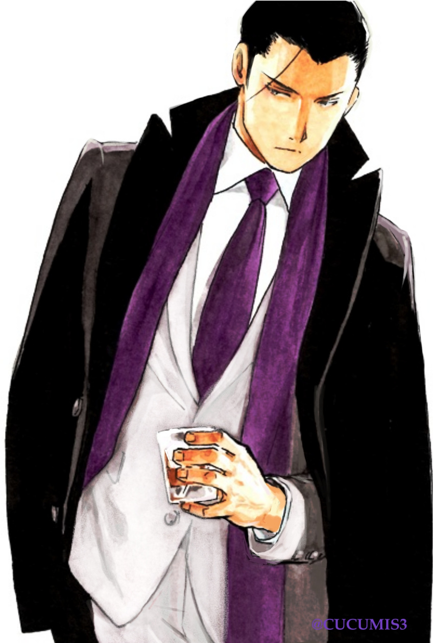 1boy arm_at_side black_coat black_eyes black_hair buttons closed_mouth coat coat_on_shoulders collared_shirt cup drink drinking_glass expressionless facing_viewer fingernails formal fullmetal_alchemist glass hair_slicked_back hair_strand highres holding holding_cup jacket leaning_to_the_side male_focus necktie open_clothes open_coat pants purple_necktie purple_shawl roy_mustang shawl shirt sideways_glance simple_background suit suit_jacket tsurime twitter_username urikurage white_background white_jacket white_pants white_shirt white_suit