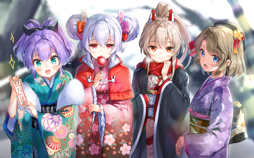 4girls :d animal_ears ayanami_(azur_lane) azur_lane bangs beret black_headwear black_ribbon blue_eyes blurry blurry_background blush brown_hair candy_apple closed_mouth commentary_request depth_of_field double_bun eyebrows_visible_through_hair floral_print food frilled_sleeves frills green_eyes green_kimono hair_between_eyes hair_ribbon hat headgear high_ponytail holding holding_food japanese_clothes javelin_(azur_lane) kimono kiyosato_0928 laffey_(azur_lane) long_hair long_sleeves multiple_girls obi omikuji open_clothes open_mouth pink_kimono ponytail print_kimono purple_hair purple_kimono rabbit_ears red_eyes red_scarf ribbon sash scarf sidelocks silver_hair sleeves_past_wrists smile sparkle wide_sleeves z23_(azur_lane)