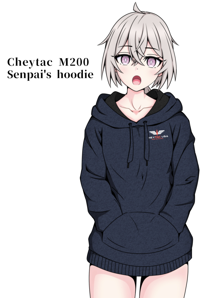 1girl :o antenna_hair bangs black_hoodie girls_frontline gotoo grey_hair hair_between_eyes hands_in_pockets highres hood hoodie long_sleeves looking_at_viewer m200_(girls_frontline) open_mouth ponytail simple_background solo violet_eyes white_background