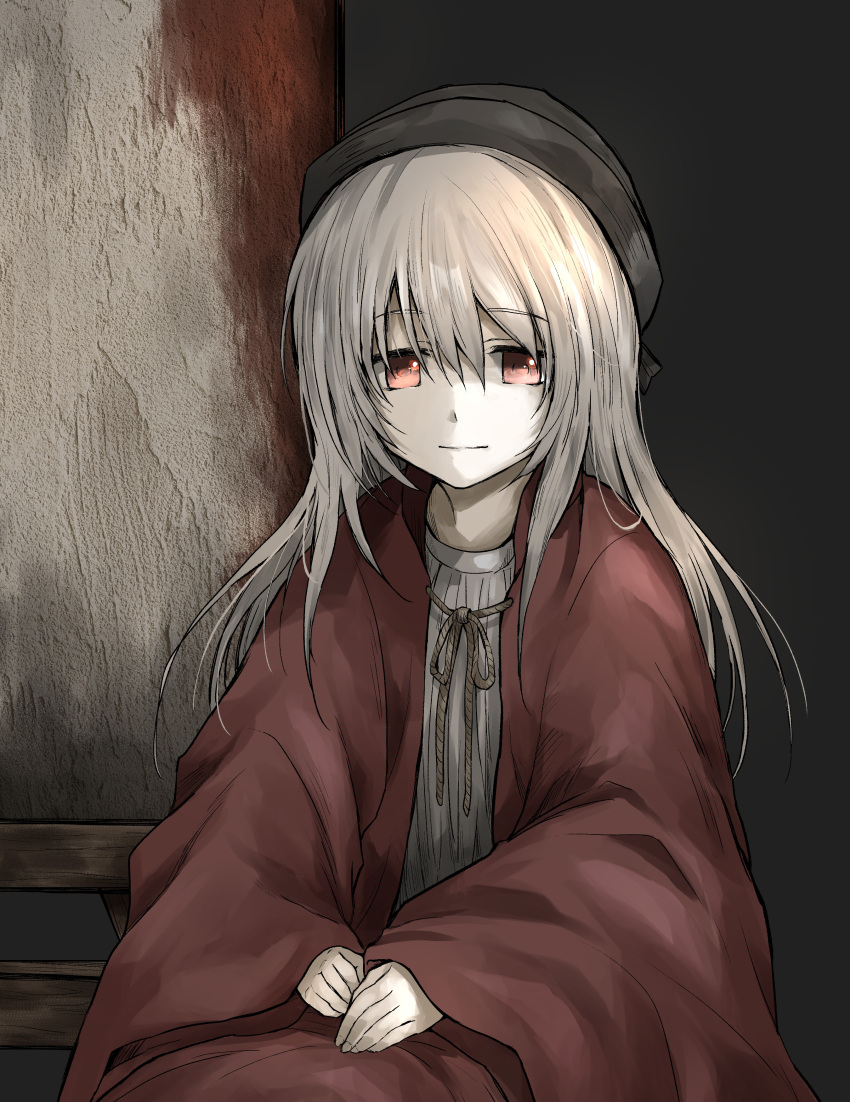 1girl absurdres ashes_of_ariandel bangs black_background black_headwear closed_mouth commentary_request dark_souls_iii grey_hair grey_shirt hat highres light_smile long_hair long_sleeves looking_at_viewer painting_woman red_eyes shimoda_masaya shirt sitting smile solo souls_(from_software) very_long_hair wide_sleeves