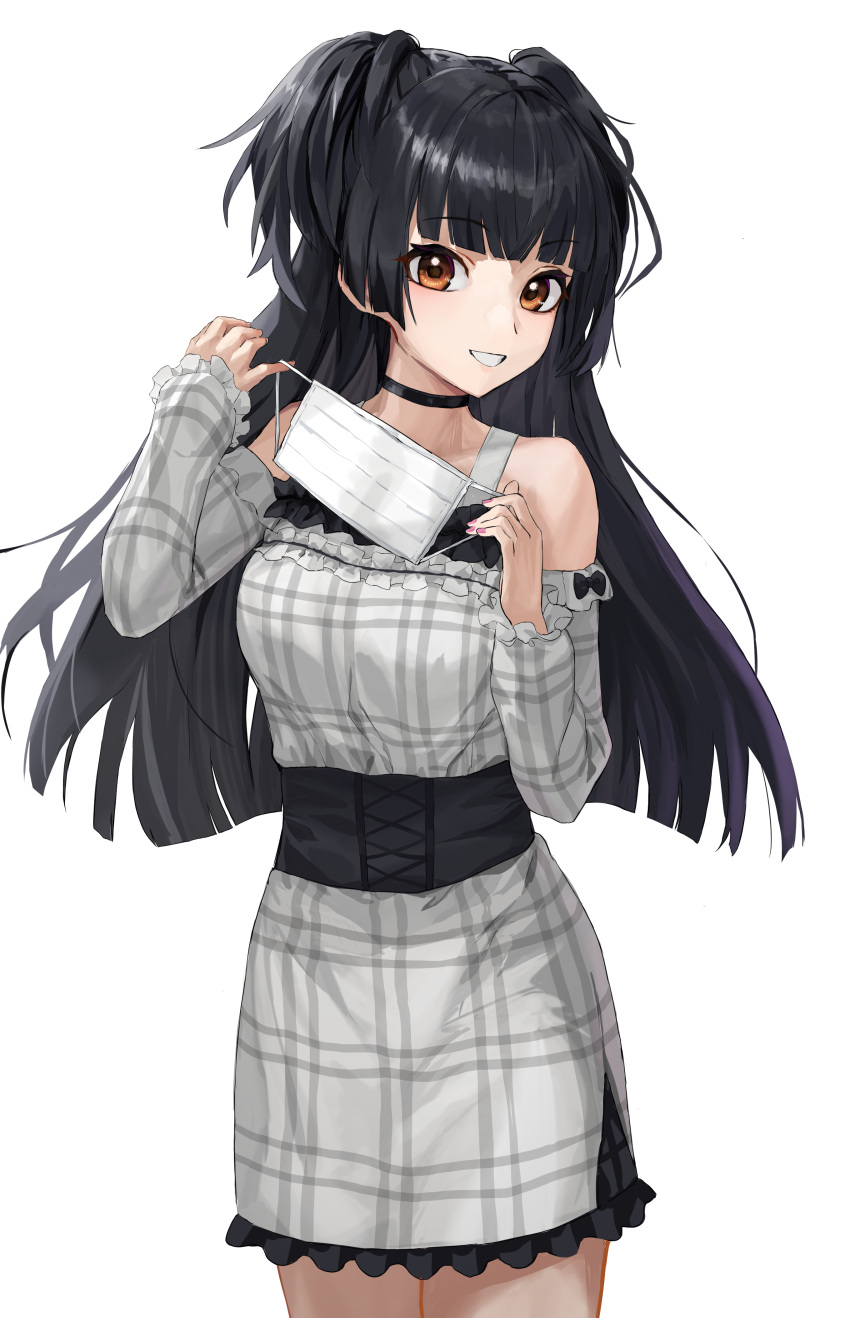 1girl absurdres bangs bare_shoulders black_hair blunt_bangs breasts brown_eyes commentary_request dress eyebrows_visible_through_hair frilled_dress frills grey_dress grin hands_up highres holding holding_mask idolmaster idolmaster_shiny_colors long_hair long_sleeves looking_at_viewer mask mask_removed mayuzumi_fuyuko medium_breasts mouth_mask mugcup off-shoulder_dress off_shoulder plaid plaid_dress simple_background sleeves_past_wrists smile solo surgical_mask two_side_up very_long_hair white_background
