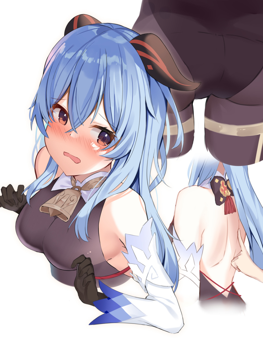 1girl ass backless_outfit bare_shoulders bell black_bodysuit black_gloves black_leotard blue_hair blush bodysuit brown_eyes commentary_request cropped_torso curled_horns detached_sleeves ganyu_(genshin_impact) genshin_impact gloves highres horns leotard long_hair long_sleeves looking_at_viewer mizuki_ryuu multiple_views nose_blush out_of_frame parted_lips simple_background water wavy_mouth white_background white_sleeves