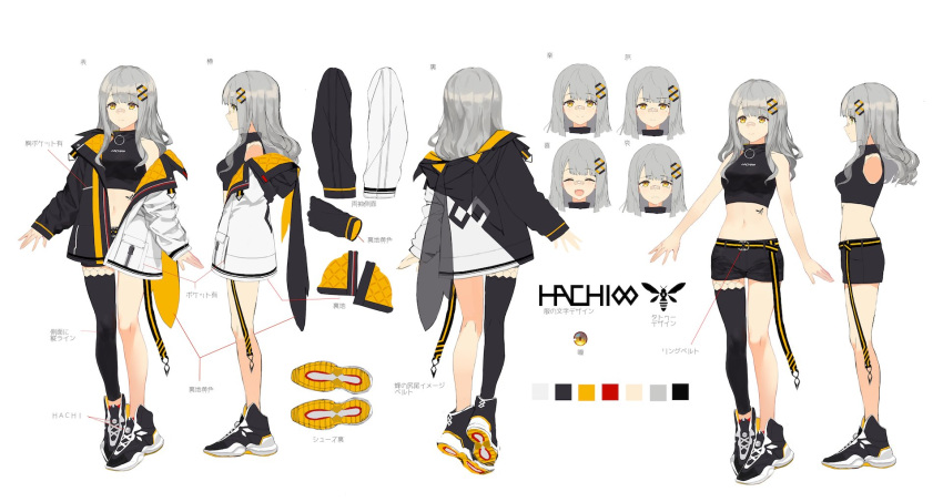 1girl :d bandaid bandaid_on_nose bare_arms bare_shoulders belt black_legwear black_shirt black_shorts breasts character_name character_sheet color_guide crop_top full_body grey_hair hachi_(live_union) hair_ornament highres honeycomb_(pattern) izumi_sai jacket live_union long_hair long_sleeves medium_breasts midriff mole mole_under_eye multiple_views navel off_shoulder open_clothes open_jacket open_mouth orange_eyes puffy_sleeves shirt shoes short_shorts shorts single_thighhigh sleeveless sleeveless_shirt smile sneakers stomach thigh-highs thighs two-tone_jacket virtual_youtuber white_background