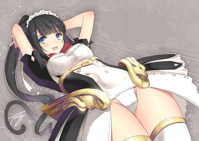 1girl arms_behind_head arms_up artist_name bangs black_hair blue_eyes bow breasts buttons cat_tail covered_navel eyebrows_visible_through_hair frills highres leotard long_hair looking_at_viewer maid maid_headdress medium_breasts open_mouth original overskirt ponytail shiny shiny_hair short_sleeves signature simple_background smile solo tail thigh-highs tied_hair tony_taka white_legwear wrist_cuffs