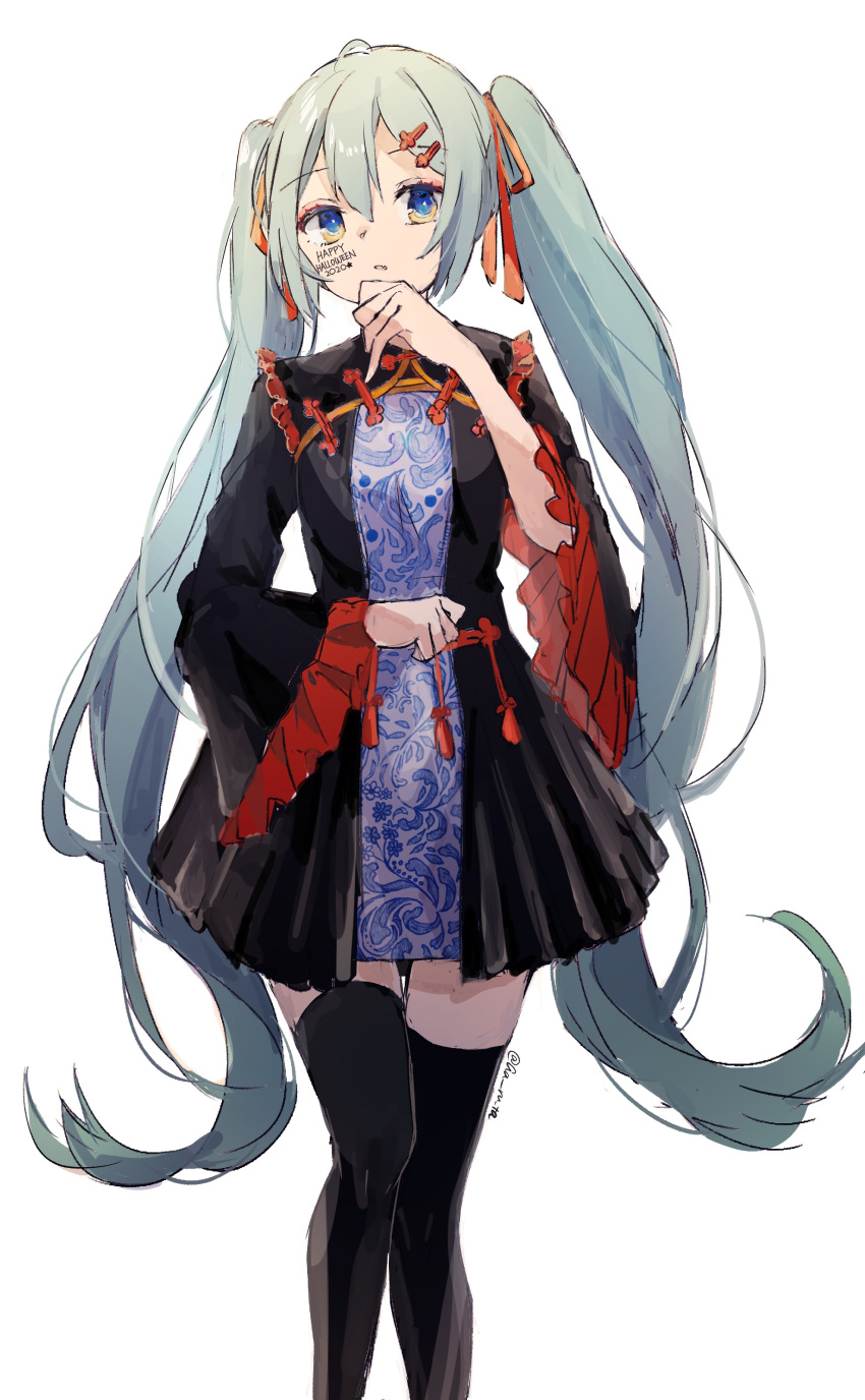 1girl absurdres ahoge black_dress black_legwear blue_eyes breasts dress face_painting fang feet_out_of_frame green_hair hair_ribbon hand_up happy_halloween haruta_(user_dndp3458) hatsune_miku highres long_hair long_sleeves looking_at_viewer parted_lips red_ribbon ribbon simple_background small_breasts solo standing star_(symbol) thigh-highs twintails very_long_hair vocaloid white_background wide_sleeves