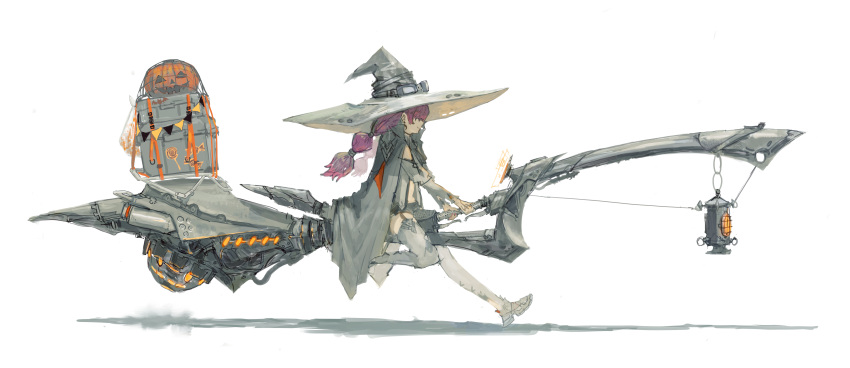 1girl absurdres box broom broom_riding chain cloak collared_cape commentary covered_eyes from_side garter_straps glowing goggles goggles_on_headwear grey_legwear hair_over_eyes halloween hat highres hover_bike jack-o'-lantern lantern large_hat long_hair mecha original ponytail purple_hair purple_nails shadow short_shorts shorts simple_background sketch smile solo thigh-highs tomok1 white_background witch witch_hat