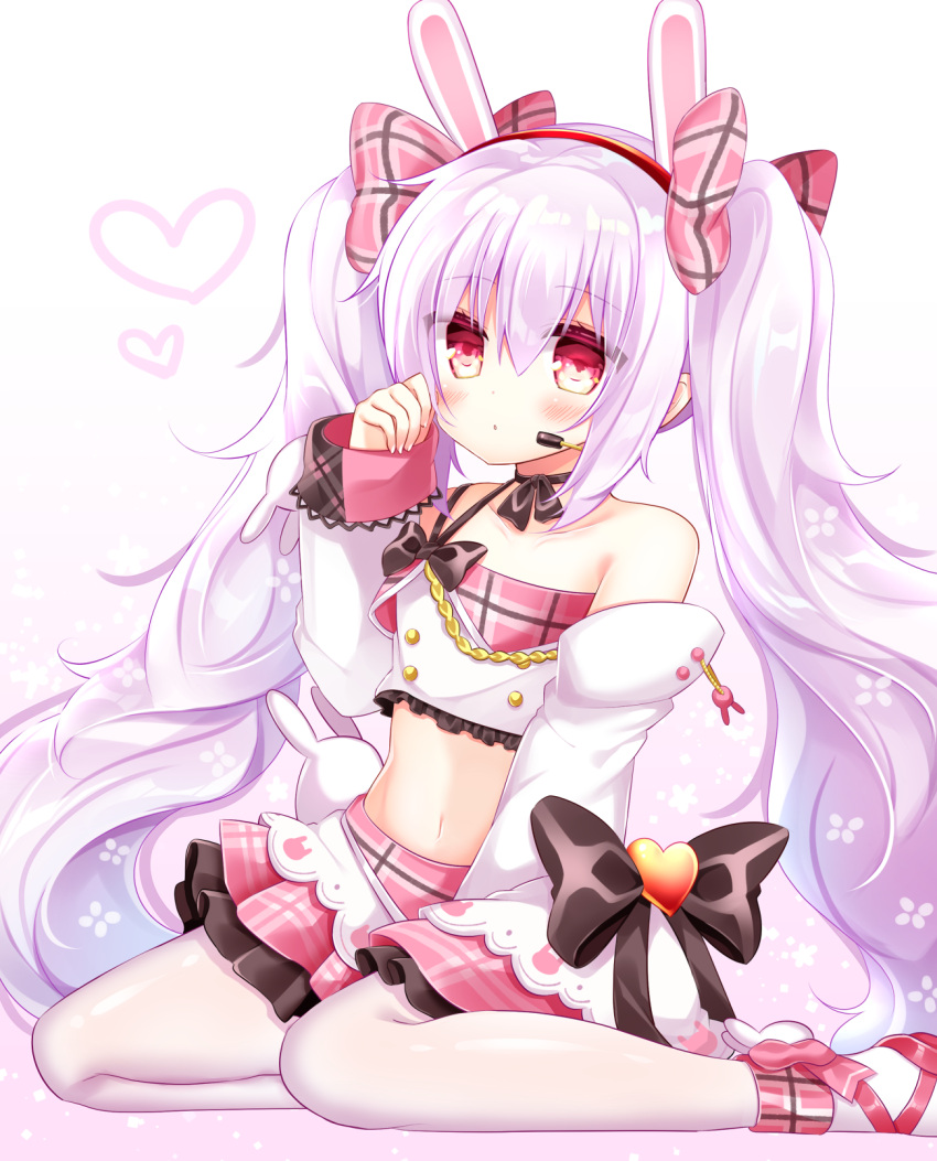 1girl animal_ears azur_lane bangs black_bow black_choker blush bow choker closed_mouth commentary_request crop_top eyebrows_visible_through_hair frills gradient gradient_background hair_between_eyes hair_bow hairband hand_up headset heart highres laffey_(azur_lane) laffey_(halfhearted_bunny_idol)_(azur_lane) long_hair long_sleeves looking_at_viewer midriff navel pantyhose pink_bow pink_hair pink_skirt plaid plaid_bow plaid_skirt pleated_skirt purple_background rabbit_ears red_eyes red_footwear red_hairband shikito shoes single_strap sitting skirt sleeves_past_wrists solo twintails very_long_hair white_background white_legwear yokozuwari