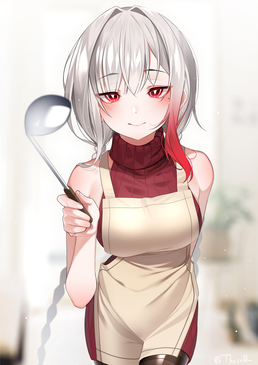 1girl absurdres apron bare_arms bare_shoulders blurry blurry_background blush breasts brown_apron brown_legwear character_request closed_mouth commentary_request counter_side depth_of_field gradient_hair hair_intakes highres holding korean_commentary ladle large_breasts licking_lips multicolored_hair pantyhose red_eyes red_sweater redhead ribbed_sweater silver_hair sleeveless sleeveless_sweater sleeveless_turtleneck smile solo sweater the_cold thighband_pantyhose tongue tongue_out turtleneck turtleneck_sweater