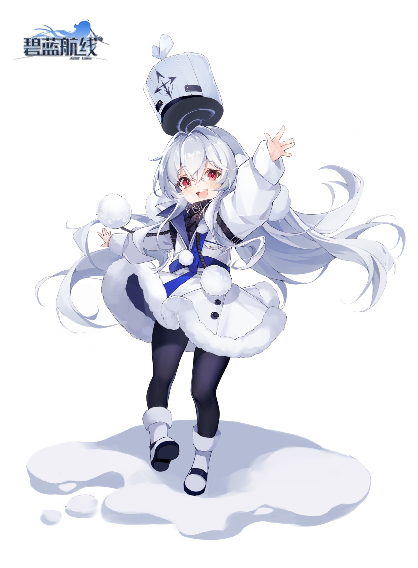 1girl :d absurdres ahoge arm_up azur_lane bangs blush boots chinese_commentary coat coat_dress commentary_request earmuffs eyebrows_visible_through_hair flat_chest full_body fur-trimmed_coat fur_trim hair_between_eyes hat hat_removed headwear_removed heavy_breathing highres logo long_hair long_sleeves looking_at_viewer military_hat open_mouth pantyhose pom_pom_(clothes) red_eyes sakana_mochi shadow sidelocks smile snow solo standing standing_on_one_leg stremitelny_(azur_lane) tachi-e upper_teeth white_background white_coat white_footwear white_hair