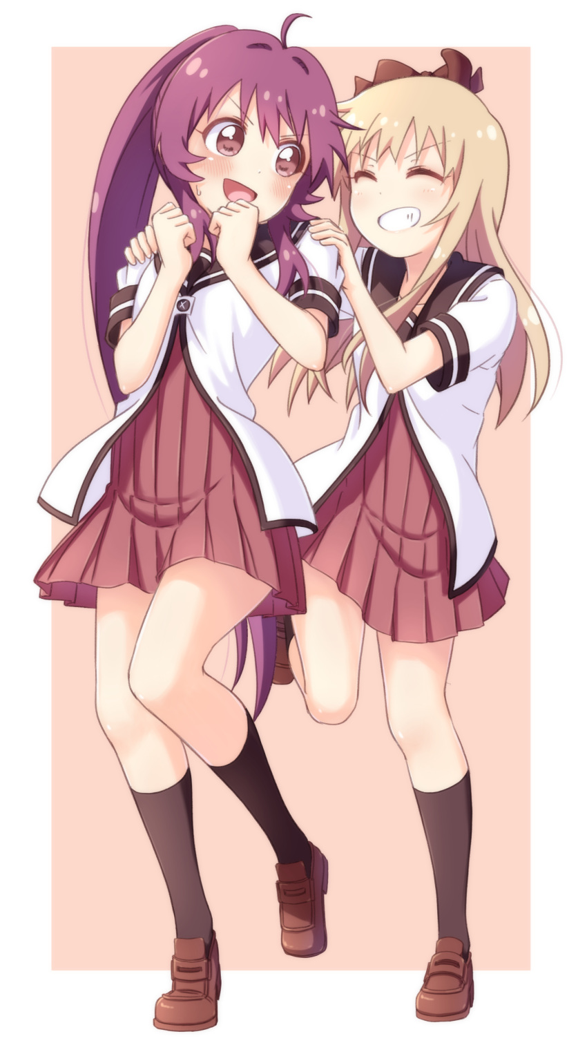 2girls ^_^ absurdres ahoge bangs black_legwear black_sailor_collar blonde_hair blush border bow brown_bow brown_footwear clenched_hands closed_eyes commentary dress eyebrows_visible_through_hair full_body grin hair_bow hands_on_another's_shoulders hands_up happy highres kneehighs leg_up long_hair looking_at_another multiple_girls nanamori_school_uniform nervous_smile open_mouth outside_border pink_background pleated_dress pontasu ponytail purple_hair red_dress sailor_collar sailor_dress school_uniform serafuku shirt shoes short_sleeves simple_background smile standing standing_on_one_leg sugiura_ayano sweatdrop teeth toshinou_kyouko very_long_hair violet_eyes white_border white_shirt yuru_yuri