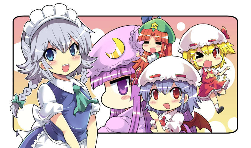 6+girls apron ascot bangs bat_wings beret blonde_hair blue_eyes blue_hair blunt_bangs braid chibi colonel_aki commentary_request crescent crescent_hair_ornament eyebrows_visible_through_hair flandre_scarlet hair_between_eyes hair_ornament hand_up hat hong_meiling izayoi_sakuya maid maid_apron maid_headdress mob_cap multiple_girls one_eye_closed patchouli_knowledge purple_hair red_eyes redhead remilia_scarlet short_hair short_sleeves sidelocks silver_hair star_(symbol) thumbs_up touhou twin_braids violet_eyes wings