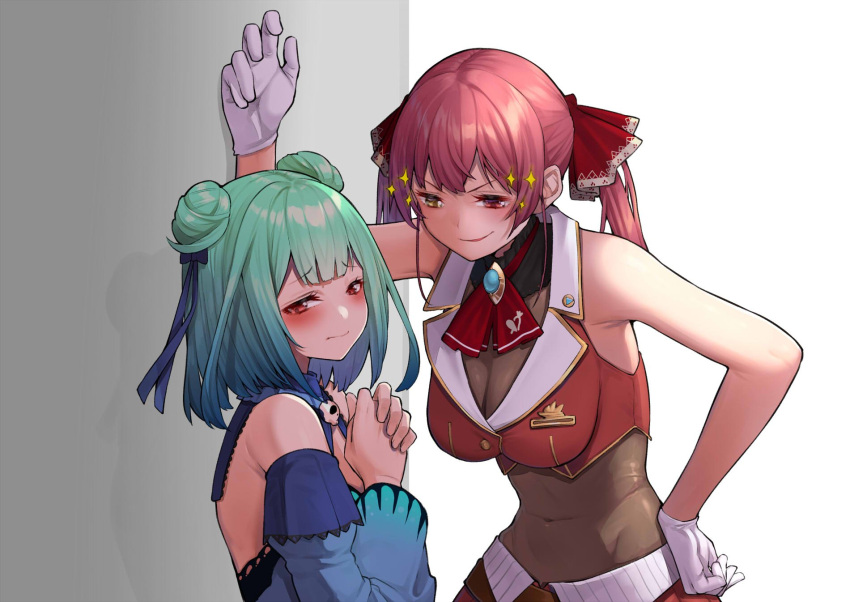 bangs bare_shoulders blush covered_navel crop_top detached_sleeves double_bun eyebrows_visible_through_hair gloves green_hair hair_ornament hair_ribbon heterochromia highres hololive houshou_marine jacket long_hair looking_at_viewer midriff mikan_(chipstar182) red_eyes red_jacket red_ribbon redhead ribbon short_hair skull_hair_ornament sleeveless smile twintails uruha_rushia virtual_youtuber wall_slam yellow_eyes yuri