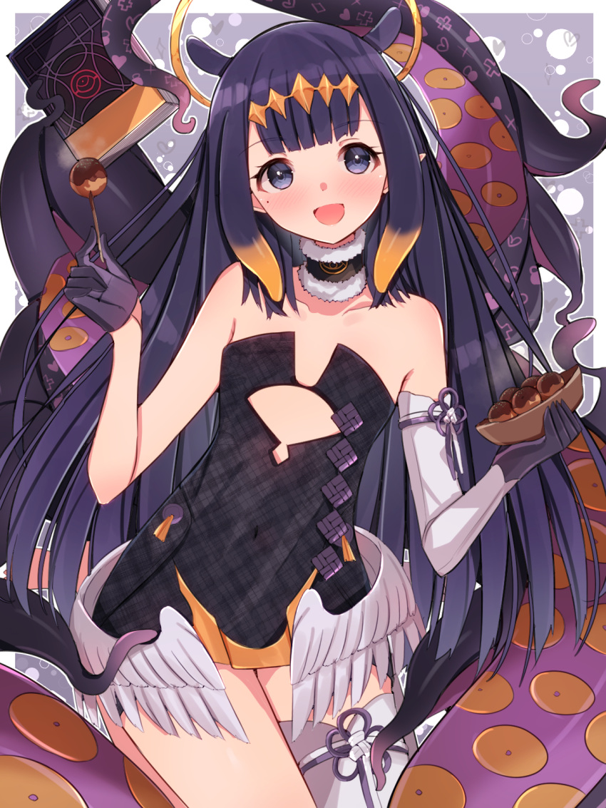 1girl black_hair blush book collarbone elbow_gloves flat_chest food gloves hair_ornament highres hololive hololive_english mi_taro333 mole mole_under_eye ninomae_ina'nis open_mouth single_elbow_glove single_thighhigh takoyaki tentacles thigh-highs violet_eyes virtual_youtuber wings