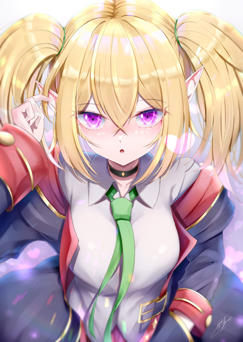 1girl :o absurdres bangs black_choker blonde_hair blush bow bowtie breasts chloe_(princess_connect!) choker collared_shirt eyebrows_visible_through_hair green_neckwear grey_shirt hair_between_eyes hand_on_own_face hand_up highres holding holding_ears jacket large_breasts long_sleeves looking_at_viewer medium_hair open_clothes parted_lips pointy_ears princess_connect! princess_connect!_re:dive shirt signature solo takemura-kou0606 twintails violet_eyes