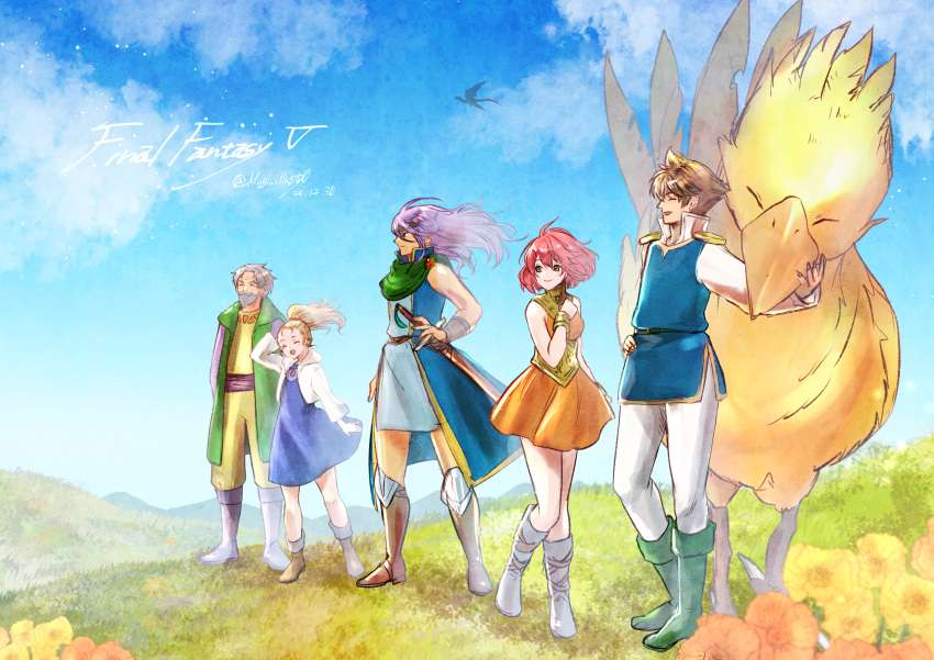 2boys 3girls absurdres beard blonde_hair blue_tunic boco boots brown_hair butz_klauser chocobo clouds copyright_name dated facial_hair faris_scherwiz field final_fantasy final_fantasy_v flower flower_field galuf_halm_baldesion grass headband highres hiryuu_(ff5) huge_filesize komugiko_no_mori krile_mayer_baldesion lenna_charlotte_tycoon long_hair multiple_boys multiple_girls pink_hair ponytail purple_hair short_hair signature skirt sky sword weapon wind wind_lift