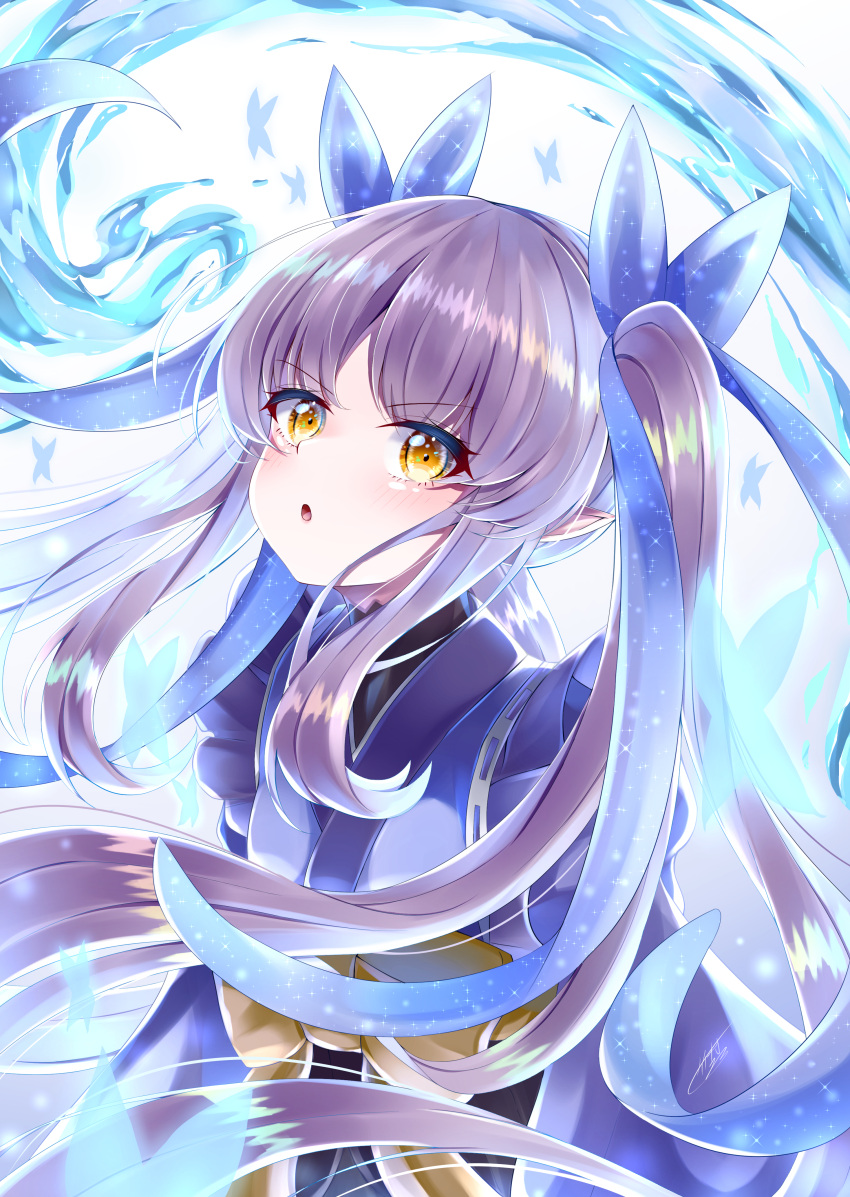1girl :o absurdres animal_print bangs blue_theme blush bow butterfly_print dress eyebrows_visible_through_hair eyes_visible_through_hair floating_hair hair_ribbon highres japanese_clothes kyouka_(princess_connect!) long_hair long_sleeves looking_at_viewer parted_lips pointy_ears princess_connect! princess_connect!_re:dive purple_hair ribbon solo takemura_kou twintails very_long_hair water wide_sleeves yellow_bow yellow_eyes