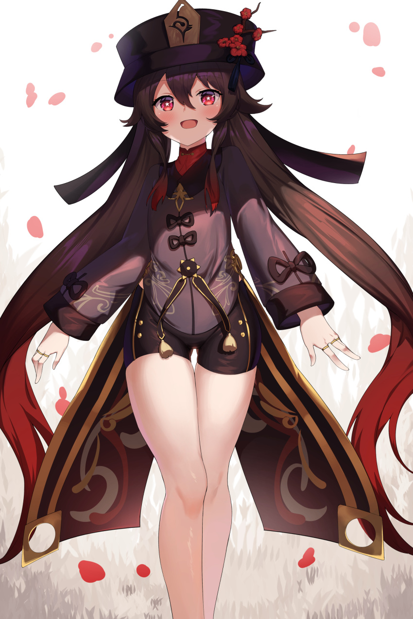 1girl :d absurdres ass_visible_through_thighs bare_legs black_headwear black_shorts blush brown_hair chinese_clothes flower gappt genshin_impact half-closed_eyes highres hu_tao jewelry legs long_hair long_sleeves multicolored_hair open_mouth petals red_eyes redhead ring short_shorts shorts smile solo standing symbol-shaped_pupils tailcoat thighs twintails two-tone_hair