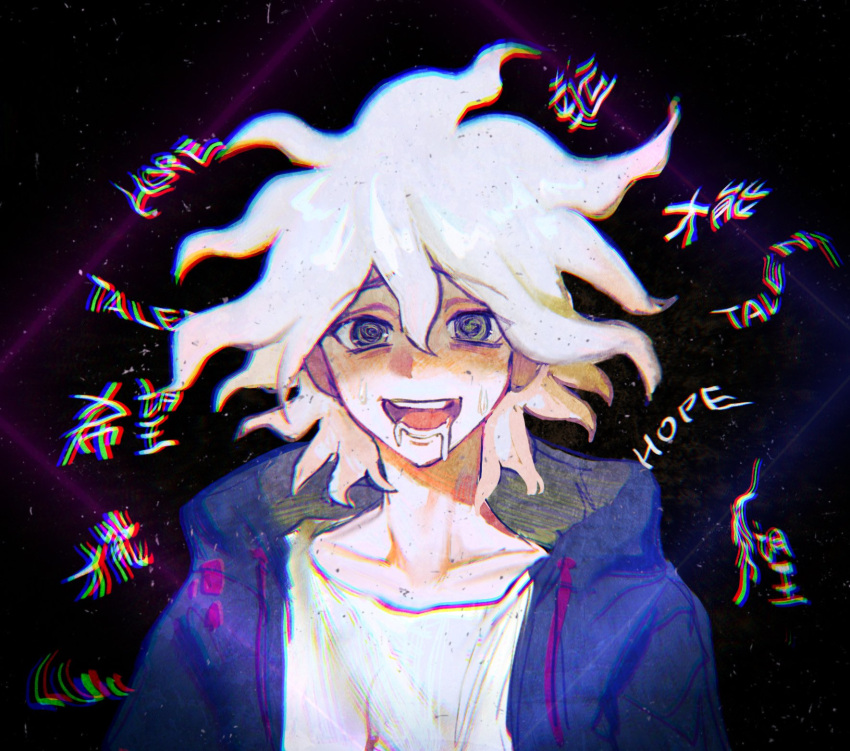 :d akiko_141 bangs black_background collarbone crazy_eyes dangan_ronpa_(series) dangan_ronpa_2:_goodbye_despair green_jacket grey_hair hair_between_eyes highres hood hooded_jacket jacket komaeda_nagito looking_at_viewer male_focus messy_hair open_clothes open_mouth saliva shiny shiny_hair shirt short_hair smile solo teeth upper_body white_shirt