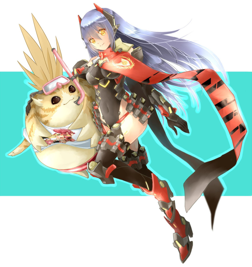 blue_hair breasts highres joints large_breasts leotard long_hair mechanical_parts poppi_(xenoblade) poppi_qtpi_(xenoblade) robot robot_ears robot_joints scarf shiroxai tora_(xenoblade_2) xenoblade_chronicles_(series) xenoblade_chronicles_2