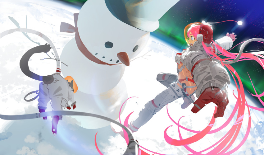 1girl animal ass astronaut aurora black_headwear blue_eyes cat clothed_animal giant gloves hat highres long_hair open_mouth original outdoors outstretched_arms pants pink_hair red_gloves ryota-h sky snowman solo space space_helmet spacesuit spread_arms star_(sky) starry_sky top_hat twintails very_long_hair white_pants