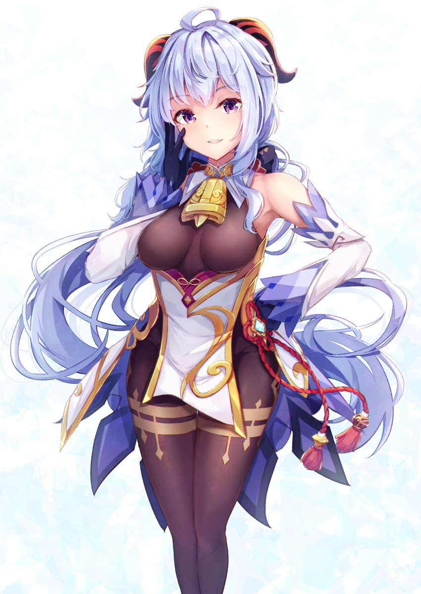 1girl :d ahoge bell black_legwear blue_hair blush bow breasts cowbell cucchiore ganyu_(genshin_impact) genshin_impact hair_bow half-closed_eyes hand_on_hip highres horns long_hair long_sleeves medium_breasts open_mouth pantyhose smile solo standing violet_eyes
