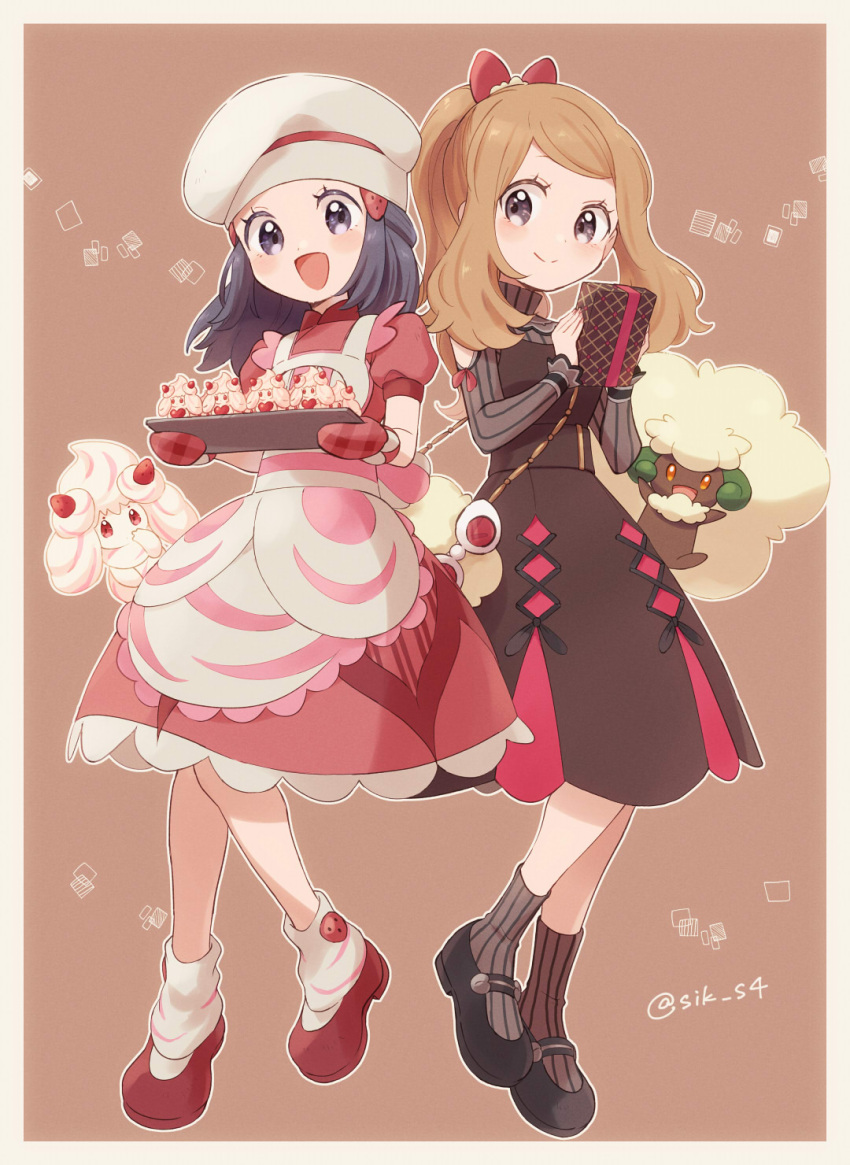 2girls :d alcremie alcremie_(strawberry_sweet) apron artist_name baking_sheet black_hair box brown_background brown_dress closed_mouth commentary_request hikari_(pokemon) dress eyelashes gen_5_pokemon gen_8_pokemon gift gift_box grey_eyes hair_ornament hairclip hat highres holding light_brown_hair long_hair long_sleeves looking_at_viewer loose_socks multiple_girls open_mouth oven_mitts pokemon pokemon_(creature) pokemon_(game) pokemon_masters_ex red_dress red_footwear red_mittens ribbed_legwear serena_(pokemon) shoes smile tongue whimsicott white_headwear yairo_(sik_s4)