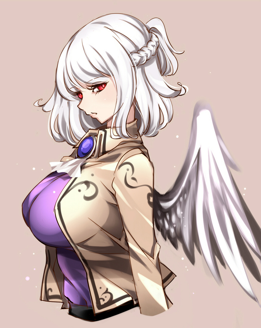 1girl angel_wings beige_background beige_jacket braid breasts brooch commentary_request cropped_torso dress eyebrows_visible_through_hair french_braid from_side highres jewelry kishin_sagume large_breasts looking_at_viewer parted_lips purple_dress raptor7 red_eyes short_hair silver_hair simple_background single_wing solo touhou upper_body white_neckwear wings