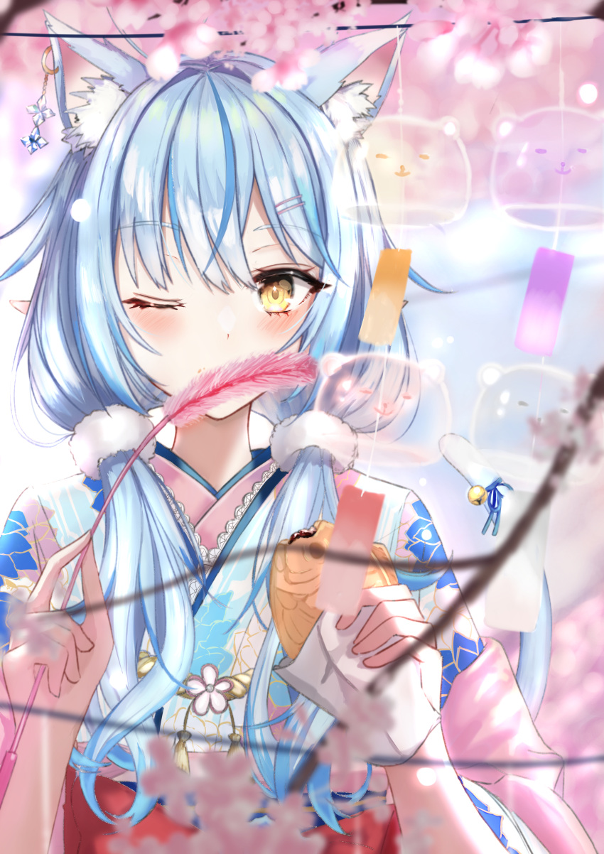 absurdres ahoge animal_ears bangs bell blue_hair blush cat_ears cat_teaser cherry_blossoms daifuku_(yukihana_lamy) elf eyelashes floral_print food hair_between_eyes hair_ornament hairclip highres holding holding_food hololive japanese_clothes kimono long_hair low_twintails mofu07519 multicolored_hair one_eye_closed pointy_ears streaked_hair tail tail_bell tail_ornament taiyaki twintails upper_body virtual_youtuber wagashi wind_chime yellow_eyes yukihana_lamy