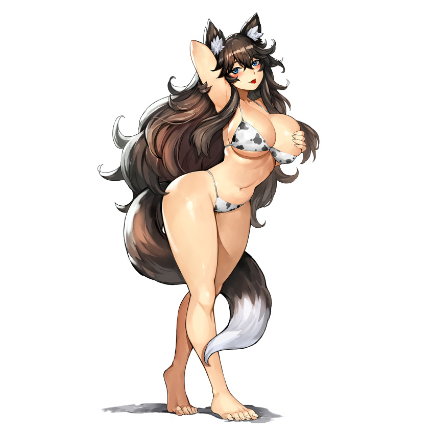 1girl :p animal_ears animal_print arm_behind_head arm_up armpits bangs bare_legs bikini blue_eyes blush breasts brown_hair covering covering_one_breast cow_print gurimjang highres large_breasts long_hair looking_at_viewer navel original simple_background smile solo swimsuit tail tongue tongue_out very_long_hair white_background wolf_ears wolf_girl wolf_tail