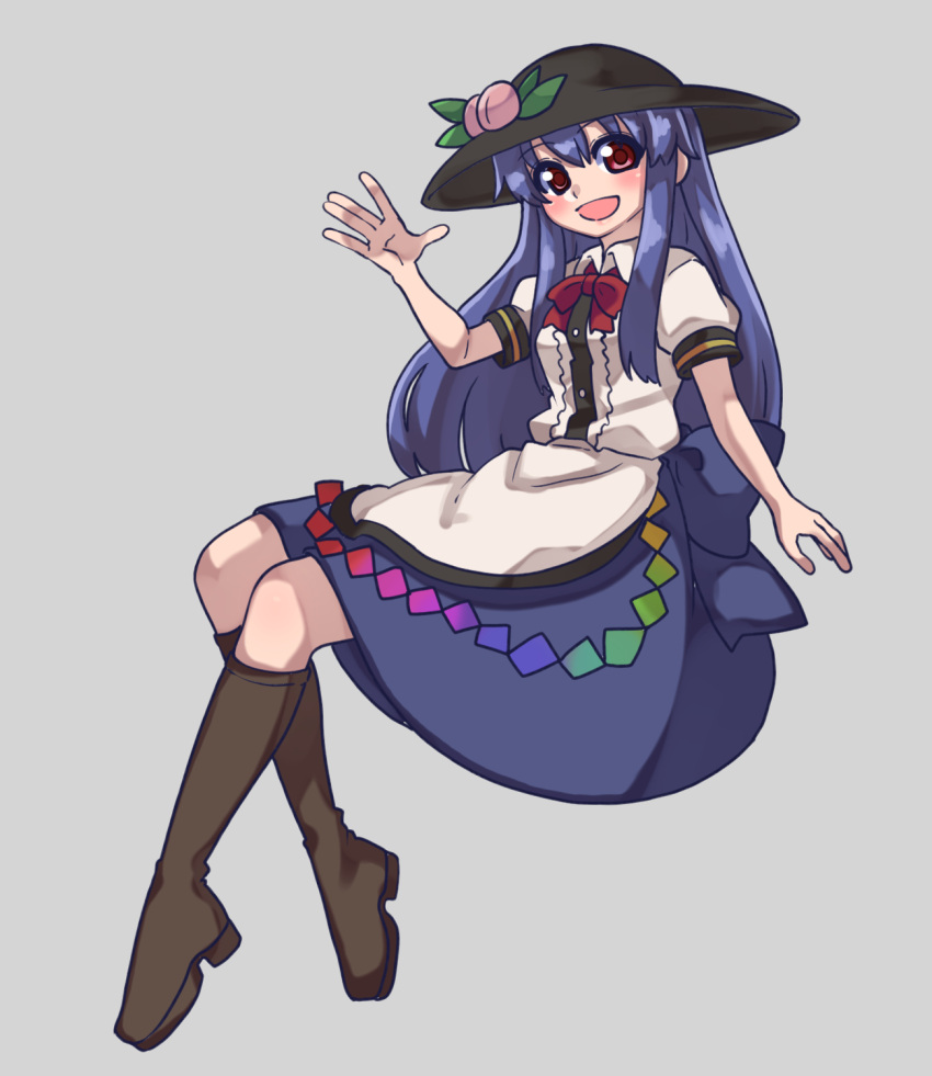 1girl black_headwear blue_hair blue_skirt boots brown_footwear eyebrows_visible_through_hair grey_background hair_between_eyes hat highres hinanawi_tenshi invisible_chair knee_boots long_hair looking_at_viewer red_eyes red_neckwear renshirenji shirt short_sleeves sitting skirt solo touhou white_shirt