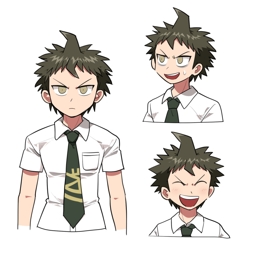 1boy :d ahoge bags_under_eyes bangs blush brown_hair closed_eyes closed_mouth collared_shirt commentary_request cropped_shoulders cropped_torso dangan_ronpa_(series) dangan_ronpa_2:_goodbye_despair expressions frown furukawa_(yomawari) green_neckwear happy highres hinata_hajime looking_at_viewer male_focus multiple_views necktie open_mouth school_uniform shiny shiny_hair shirt short_hair short_sleeves simple_background smile sweatdrop teeth upper_body white_background white_shirt