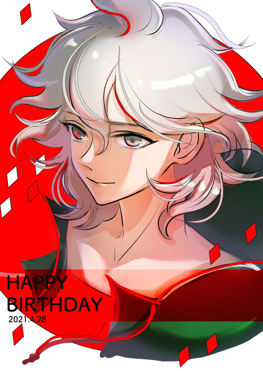 1boy absurdres ahoge bangs closed_mouth collarbone commentary_request cropped_shoulders dangan_ronpa_(series) dangan_ronpa_2:_goodbye_despair dated grey_eyes grey_hair hair_between_eyes happy_birthday highres jacket jijiji_(j_raku) komaeda_nagito looking_at_viewer male_focus medium_hair messy_hair red_background redhead shiny shiny_hair shirt short_hair smile solo upper_body white_background