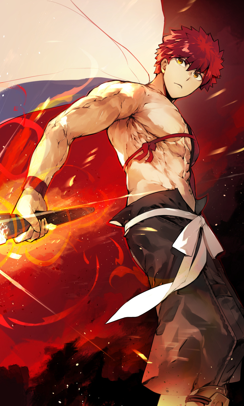 1boy biceps cape embers emiya_shirou fate/grand_order fate_(series) fire highres holding holding_weapon limited/zero_over male_focus muscular muscular_male nishiide_kengorou pectorals redhead sengo_muramasa_(fate) shirtless solo weapon white_cape wristband yellow_eyes