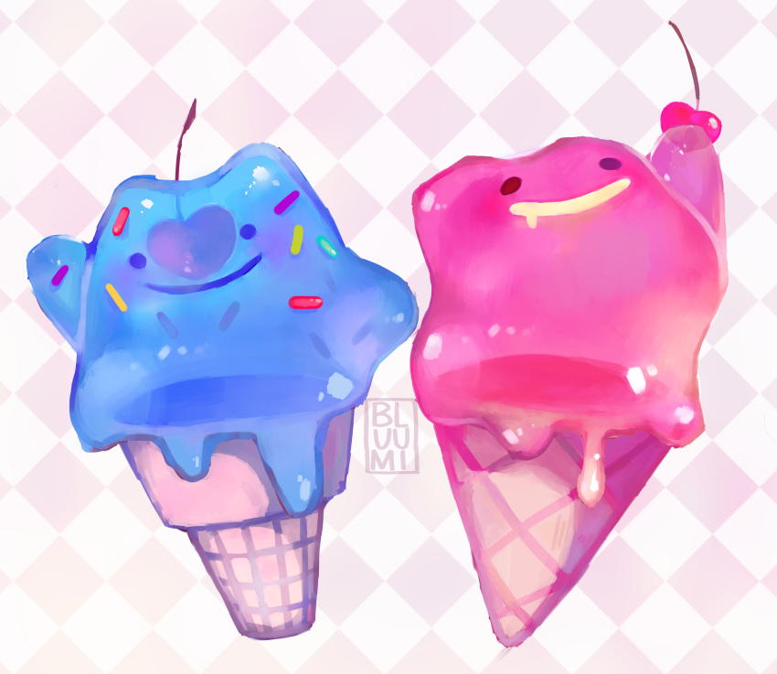 alternate_color checkered checkered_background closed_mouth commentary creature ditto english_commentary food full_body gen_1_pokemon highres ice_cream no_humans pokemon pokemon_(creature) shiny_and_normal shiny_pokemon signature smile sprinkles