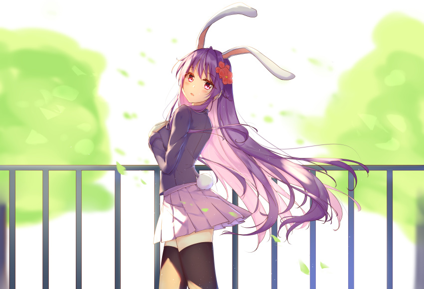 1girl absurdres animal_ears black_legwear blazer breasts bunny_tail day diving_penguin floating_hair flower from_side hair_flower hair_ornament head_tilt highres jacket large_breasts long_hair long_sleeves looking_at_viewer miniskirt outdoors pink_eyes pink_skirt pleated_skirt purple_hair rabbit_ears red_flower reisen_udongein_inaba skirt solo tail thigh-highs touhou very_long_hair wind