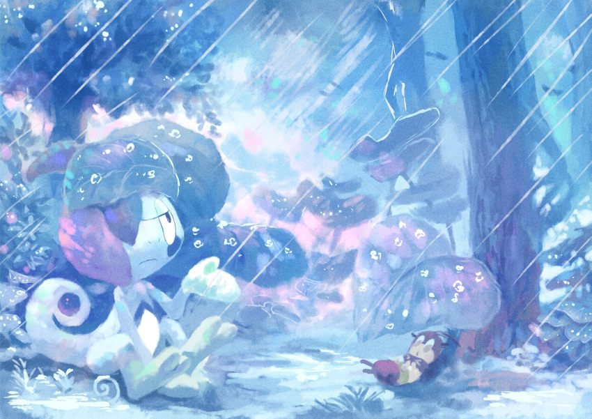 blipbug blue_theme bug closed_mouth commentary_request drizzile frown gen_8_pokemon hand_up konamikohane leaf looking_up lying no_humans on_back outdoors pokemon pokemon_(creature) rain sitting toes tree